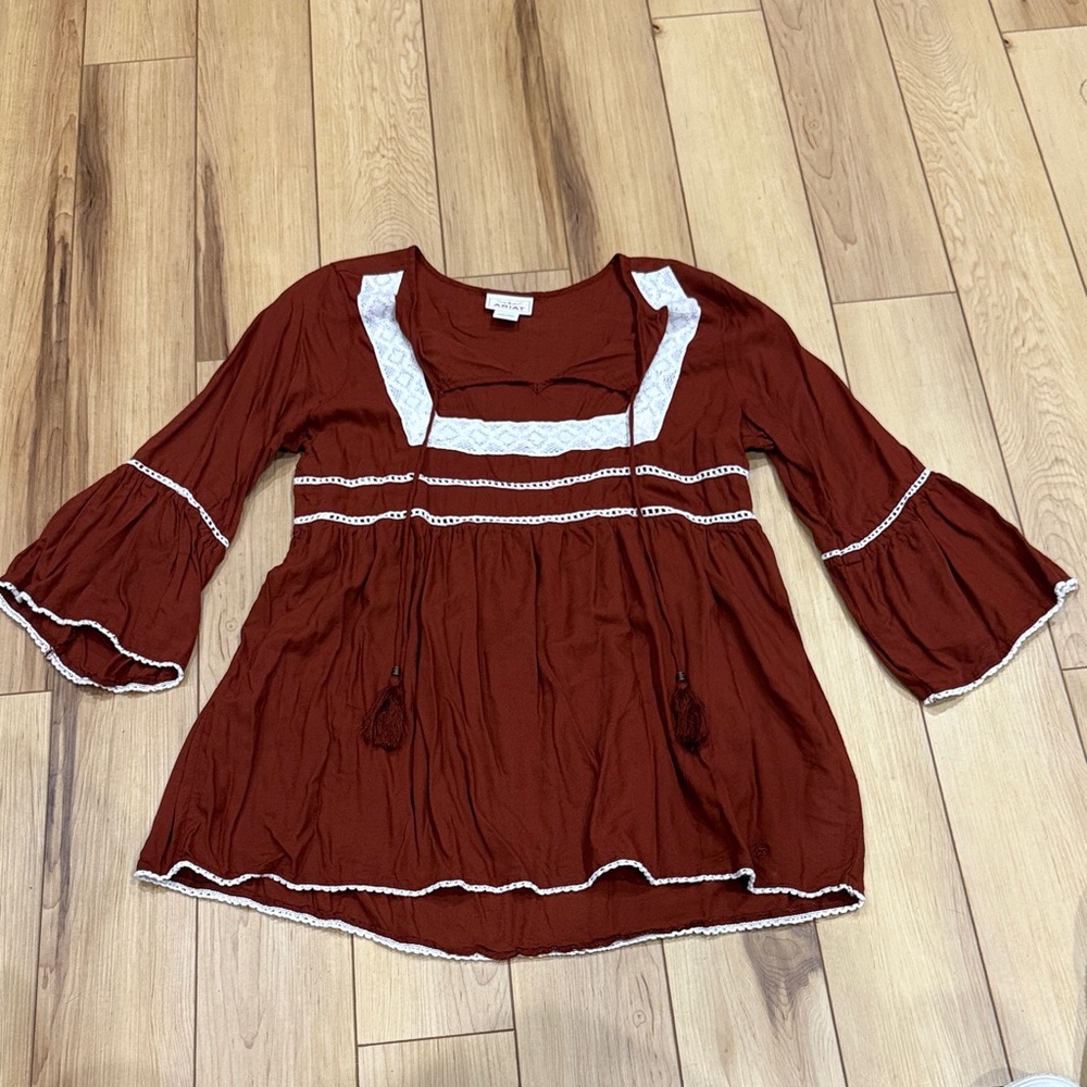 Ariat Terracotta BoHo Blouse with Lace Accents & bell sleeves